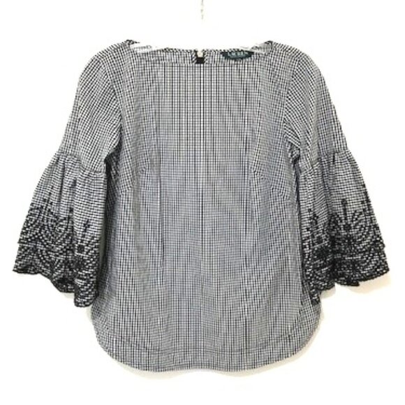 Lauren Ralph Lauren Top Black & White Gingham Embroidered Bell Sleeves PXS - Picture 2 of 5